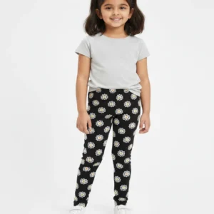 black daisy floral print leggings flat lay view