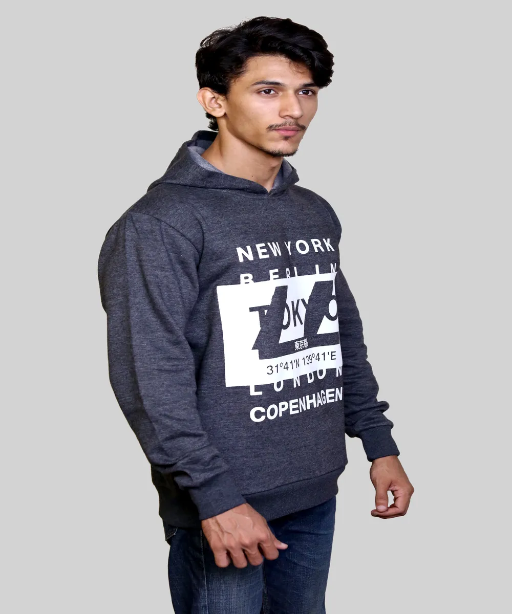 mens nyc fleece hoodie dark grey print detail