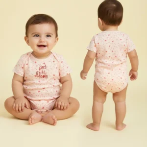 pink art in bloom baby bodysuit model view