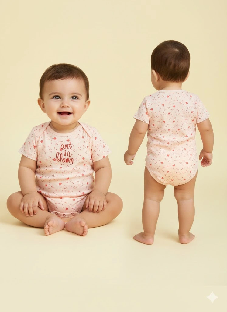 pink art in bloom baby bodysuit model view