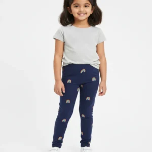 rainbow print navy cotton leggings flat lay view