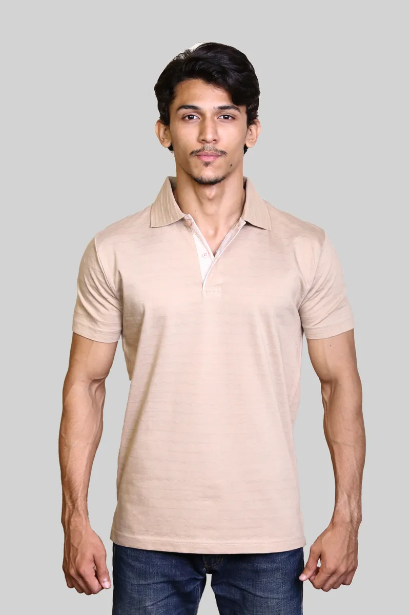 self striped mercerised polo shirt front view sand