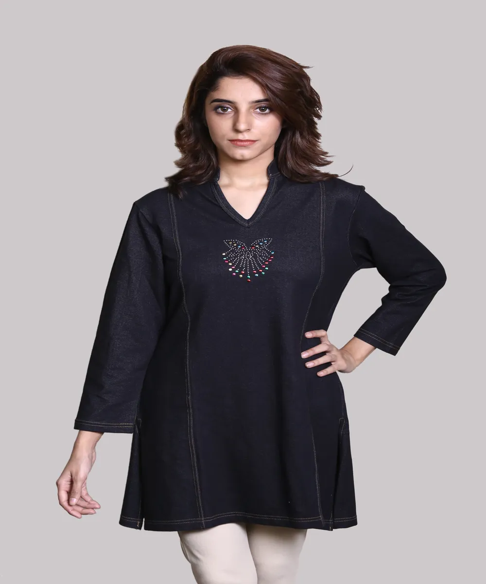 Women Denim Cotton Lycra Kurti Front View