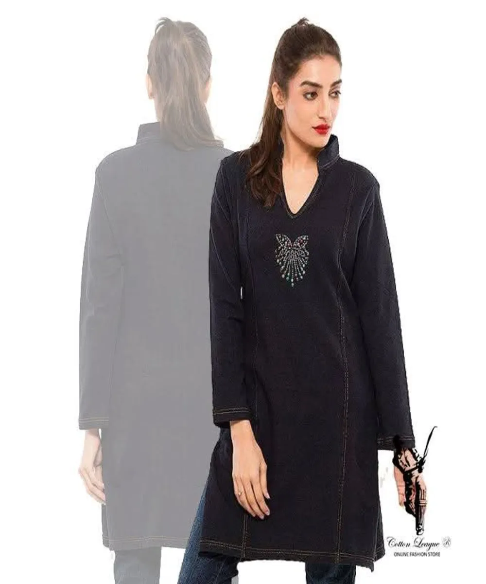 Women Denim Cotton Lycra Kurti Styled Look